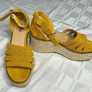 platform JustFab women sandals sz 6.5 yellow heel wedge espadrille,ankle strap